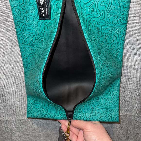 Makeup Junkie Turquoise Dream Tooled Vegan Leather Flat Cosmetic Bag with Tassel - Picture 4 of 4